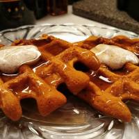 PUMPKIN PIE WAFFLES w/Cinnamon Whipped Cream and Maple Syrup